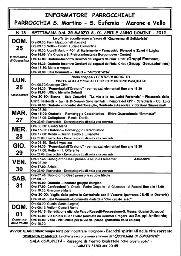 Informatore parrocchiale 13^ settimana -  25 marzo - 01 aprile 2012